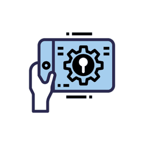 Graphic illustration of hand using tablet with Manufacturing Document Management software